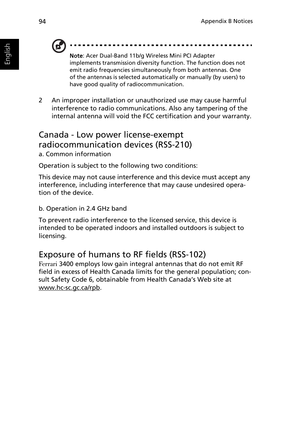 Exposure of humans to rf fields (rss-102) | Acer Ferrari 3400 User Manual | Page 104 / 109