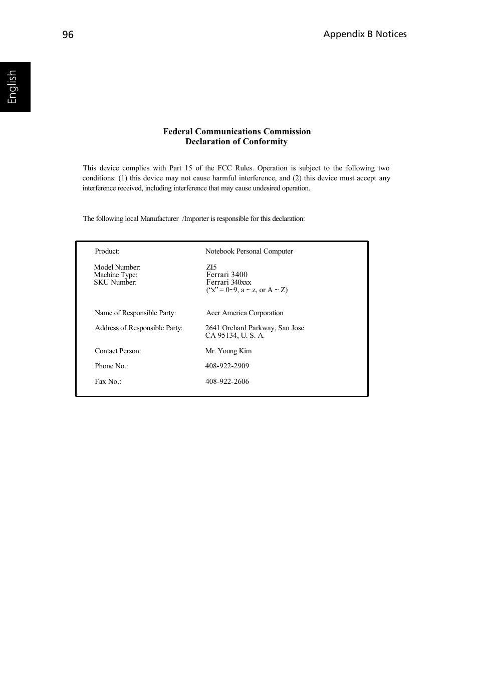 Engl is h | Acer Ferrari 3400 User Manual | Page 106 / 109