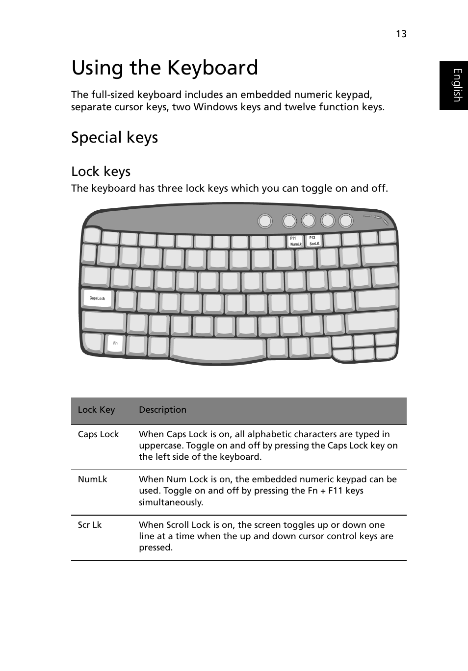 Using the keyboard, Special keys, Lock keys | Acer Ferrari 3400 User Manual | Page 23 / 109