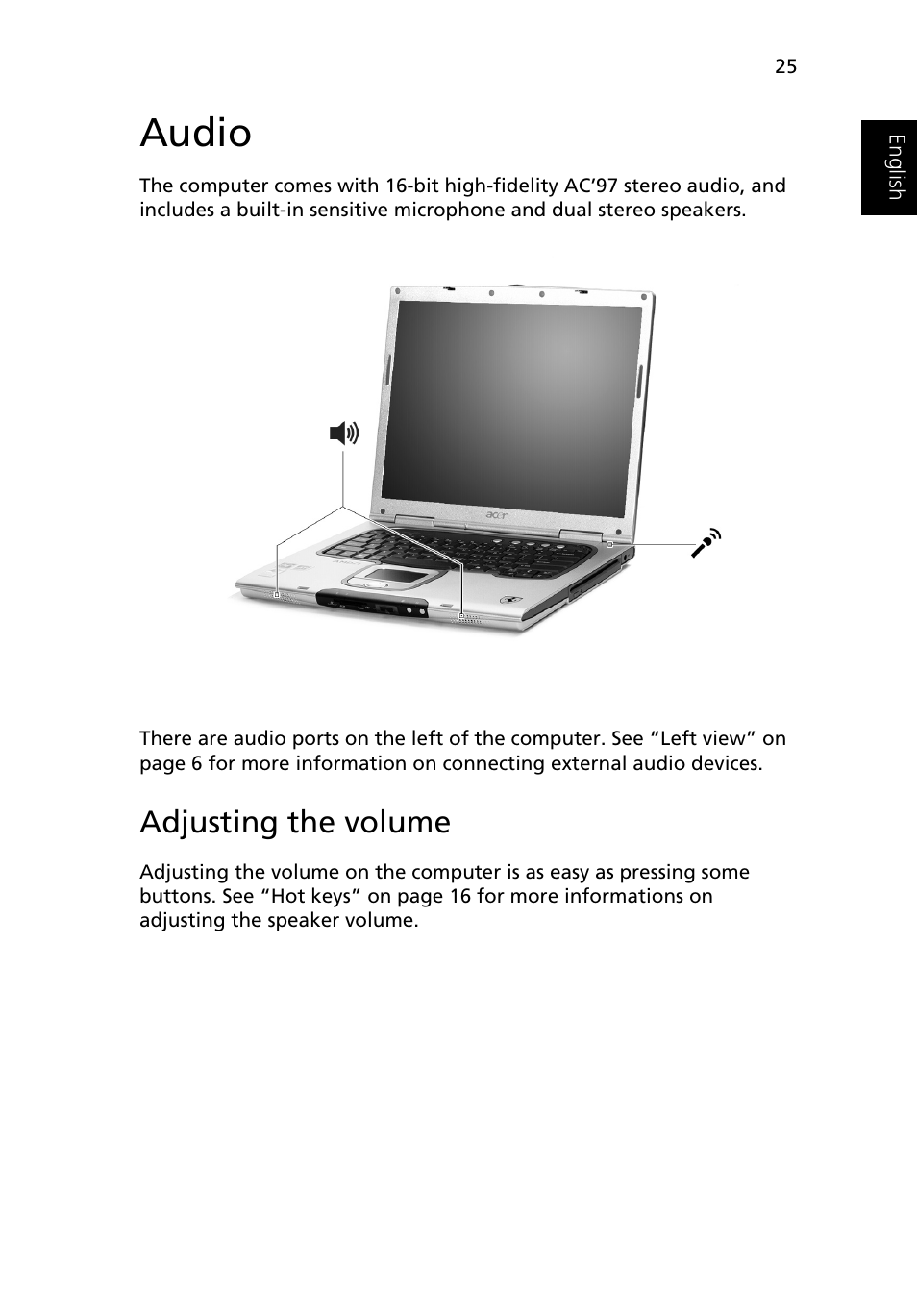Audio, Adjusting the volume | Acer Ferrari 3400 User Manual | Page 35 / 109