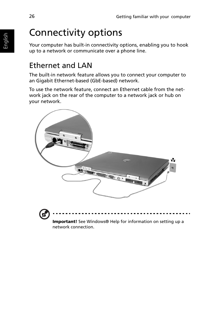Connectivity options, Ethernet and lan | Acer Ferrari 3400 User Manual | Page 36 / 109