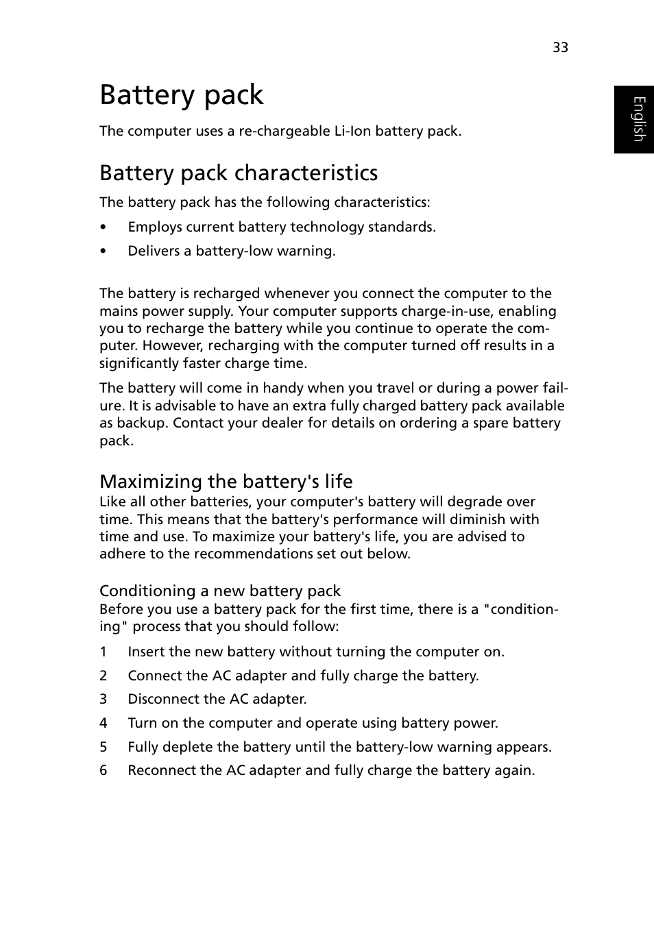 Battery pack, Battery pack characteristics, Maximizing the battery's life | Acer Ferrari 3400 User Manual | Page 43 / 109
