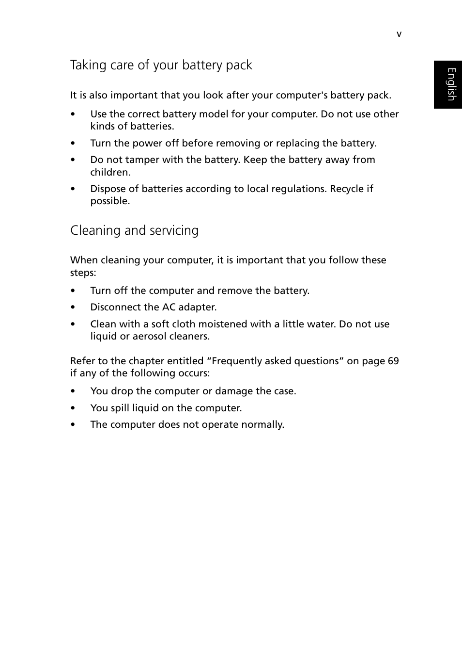 Taking care of your battery pack, Cleaning and servicing | Acer Ferrari 3400 User Manual | Page 5 / 109