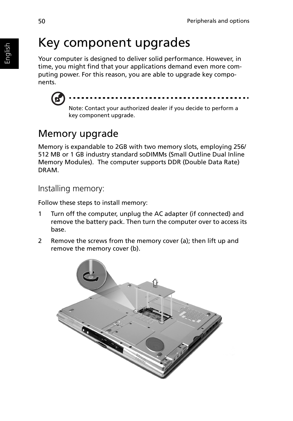 Key component upgrades, Memory upgrade | Acer Ferrari 3400 User Manual | Page 60 / 109