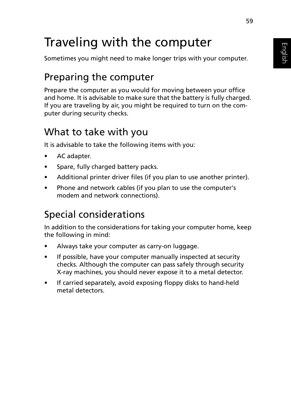 Traveling with the computer, Preparing the computer, What to take with you | Special considerations | Acer Ferrari 3400 User Manual | Page 69 / 109