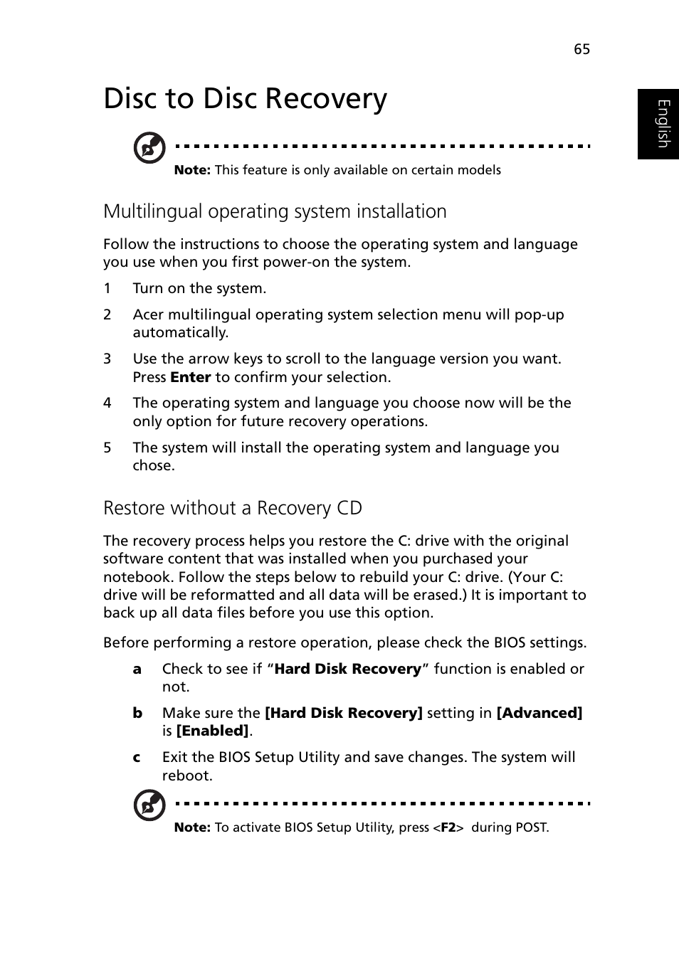 Disc to disc recovery, Multilingual operating system installation, Restore without a recovery cd | Acer Ferrari 3400 User Manual | Page 75 / 109