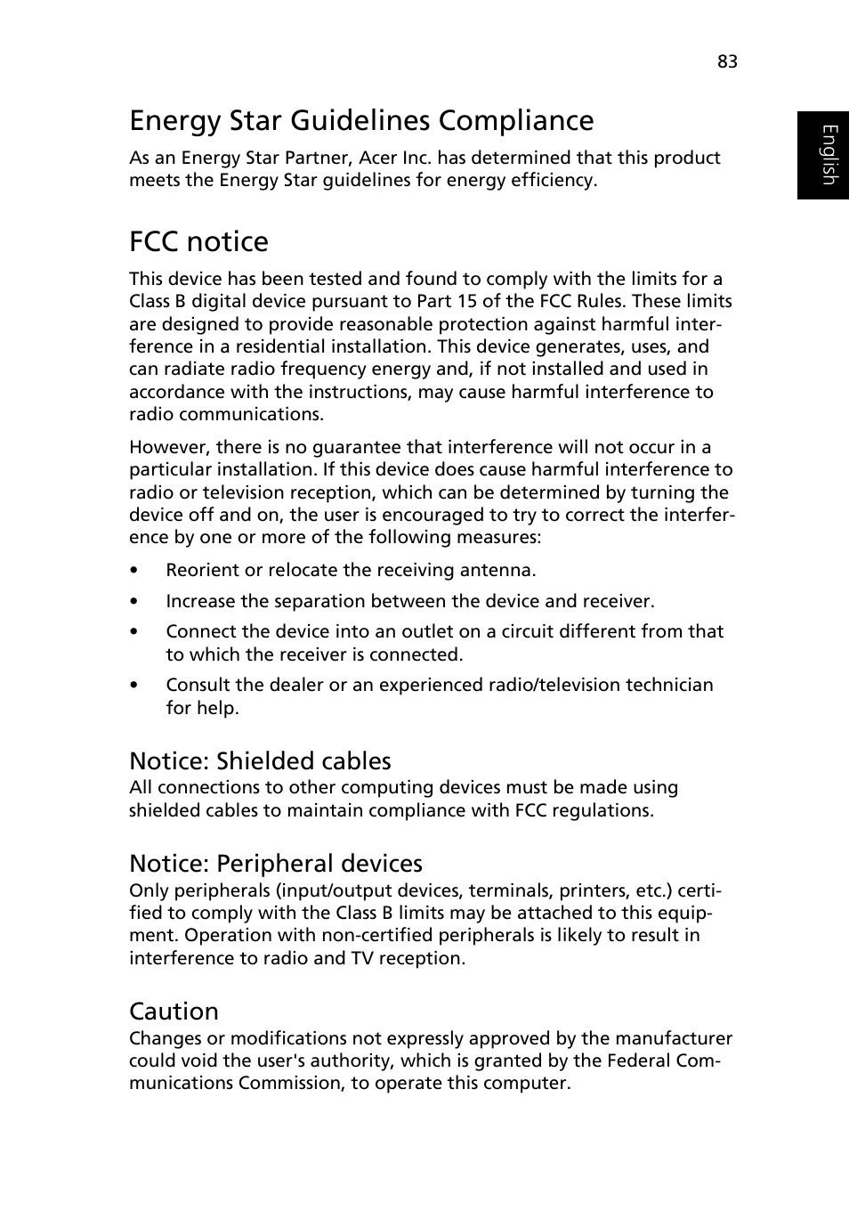 Energy star guidelines compliance, Fcc notice, Notice: shielded cables | Notice: peripheral devices, Caution | Acer Ferrari 3400 User Manual | Page 93 / 109