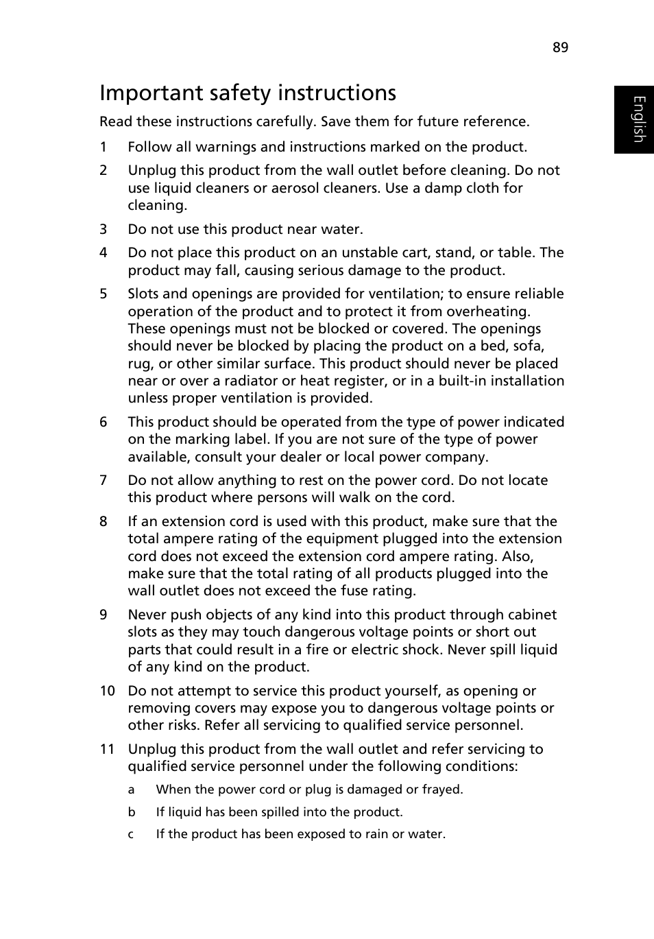 Important safety instructions | Acer Ferrari 3400 User Manual | Page 99 / 109
