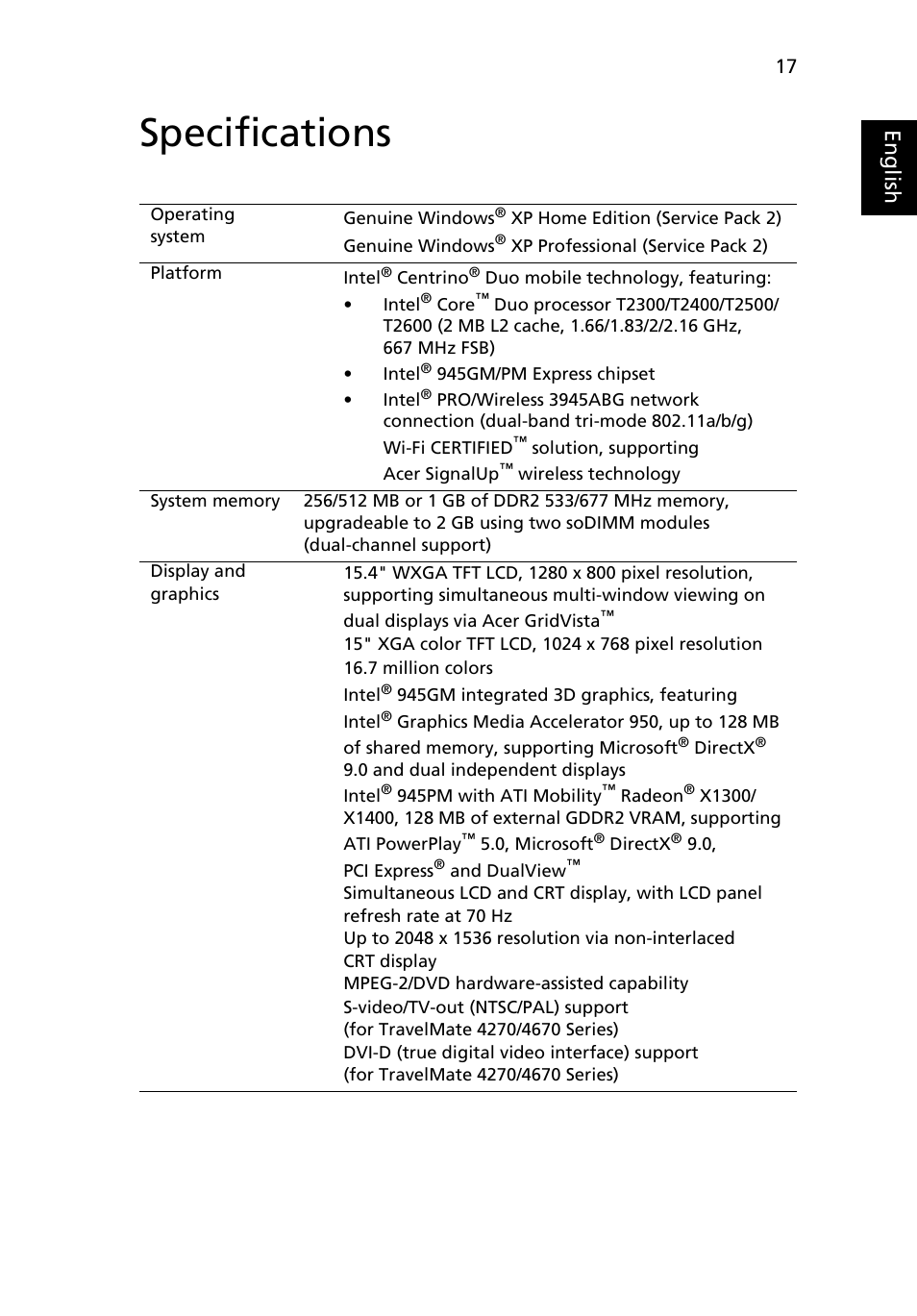 Specifications, Eng lis h | Acer TravelMate 4670 User Manual | Page 27 / 80