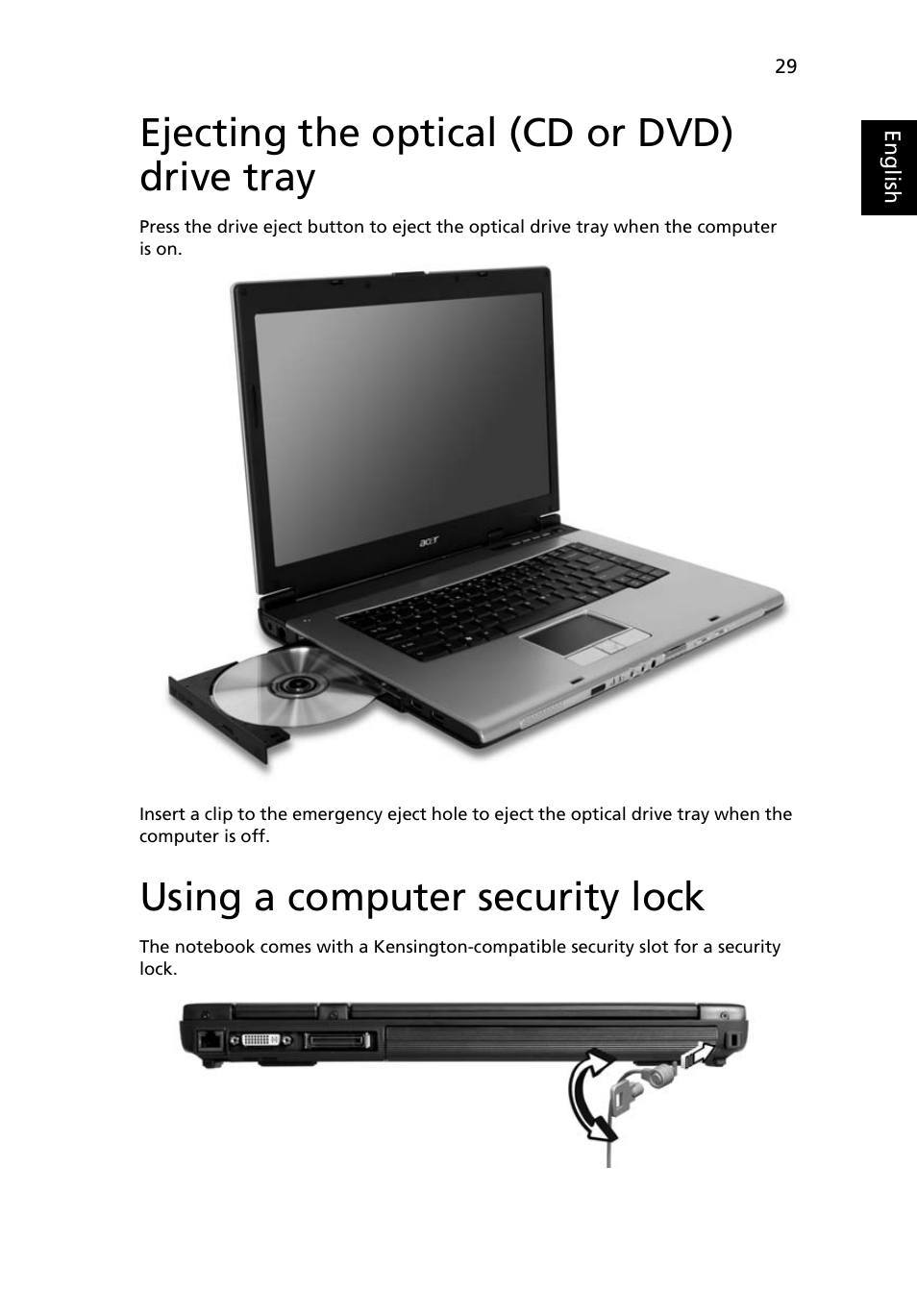 Ejecting the optical (cd or dvd) drive tray, Using a computer security lock | Acer TravelMate 4670 User Manual | Page 39 / 80