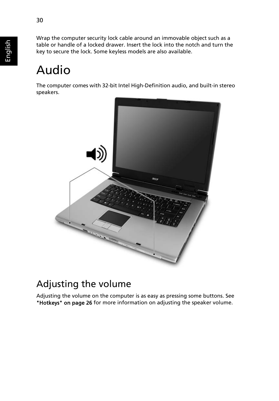 Audio, Adjusting the volume | Acer TravelMate 4670 User Manual | Page 40 / 80