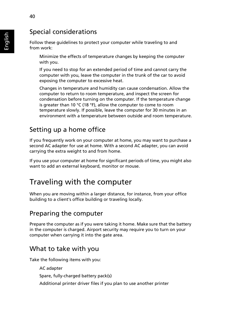 Traveling with the computer, Special considerations, Setting up a home office | Preparing the computer, What to take with you | Acer TravelMate 4670 User Manual | Page 50 / 80