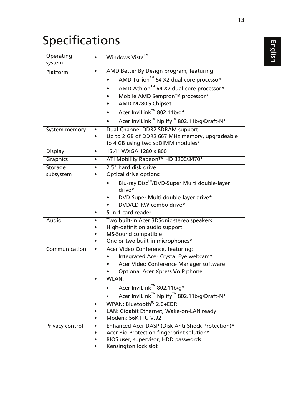 Specifications, Eng lis h | Acer Extensa 5430 User Manual | Page 13 / 14