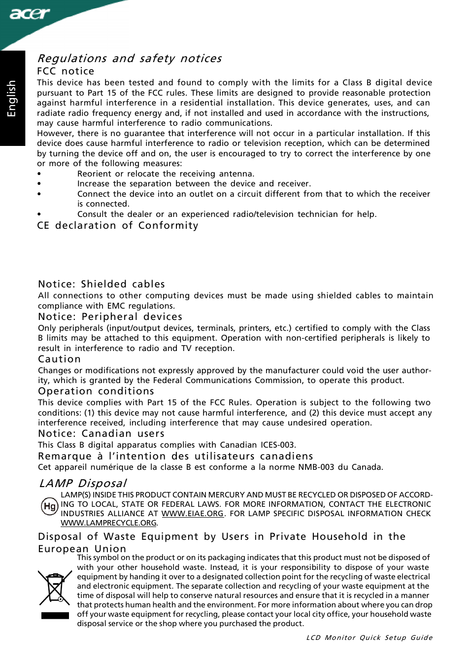 Lamp disposal, Regulations and safety notices, En gl is h | Acer P185H User Manual | Page 2 / 2