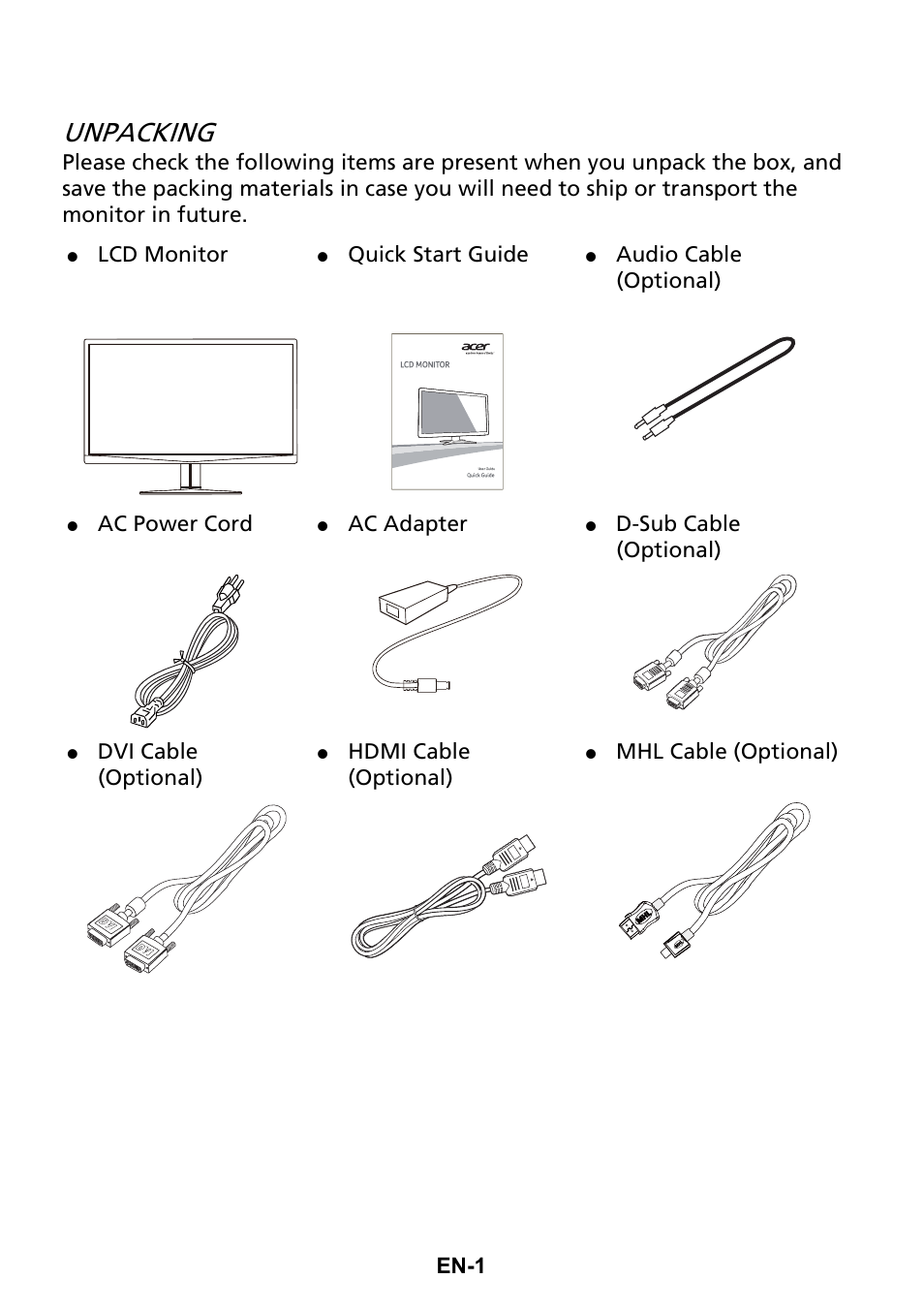 Unpacking, En-1, Lcd monitor | Quick start guide, Audio cable (optional), Ac power cord, Ac adapter, D-sub cable (optional), Dvi cable (optional), Hdmi cable (optional) | Acer G247HL User Manual | Page 10 / 31