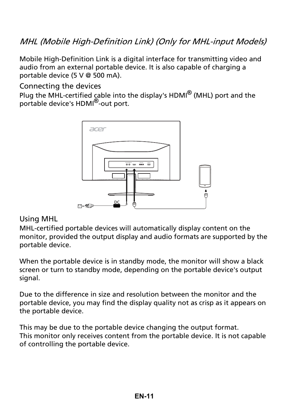 Connecting the devices, Using mhl, En-11 | Mhl) port and the portable device's hdmi, Out port | Acer G247HL User Manual | Page 20 / 31