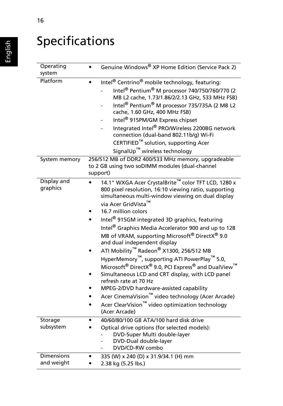 Specifications, English | Acer Aspire 5500Z User Manual | Page 28 / 92