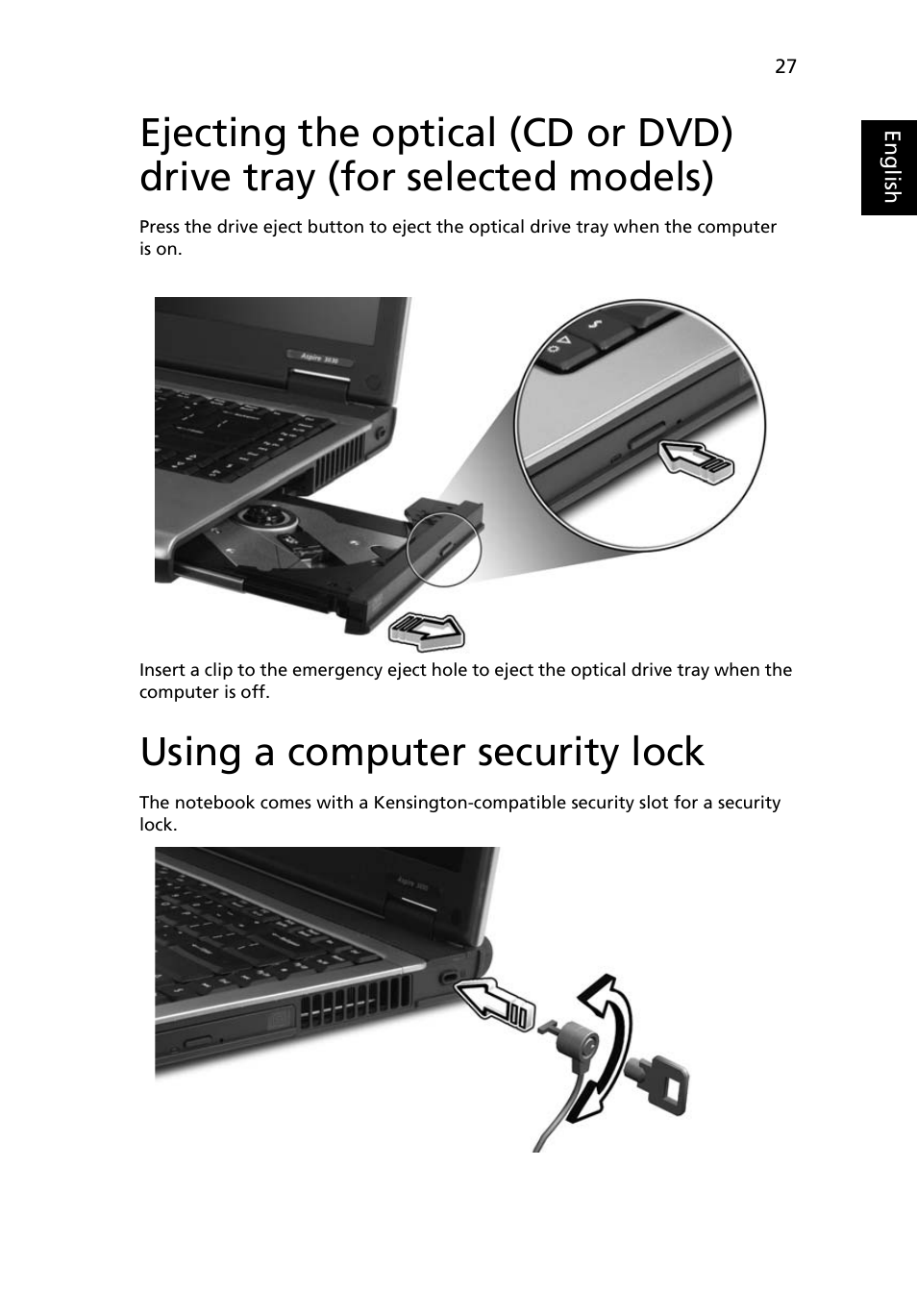 Using a computer security lock | Acer Aspire 5500Z User Manual | Page 39 / 92