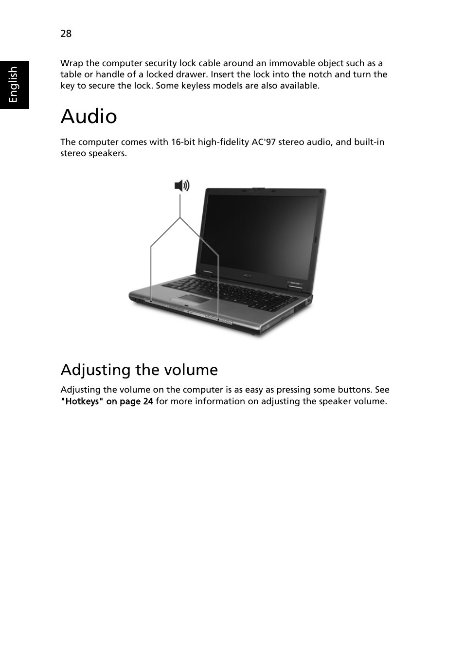 Audio, Adjusting the volume | Acer Aspire 5500Z User Manual | Page 40 / 92