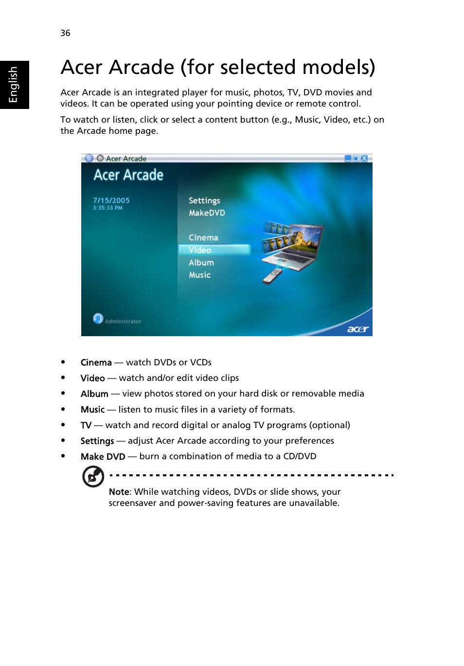Acer arcade (for selected models) | Acer Aspire 5500Z User Manual | Page 48 / 92