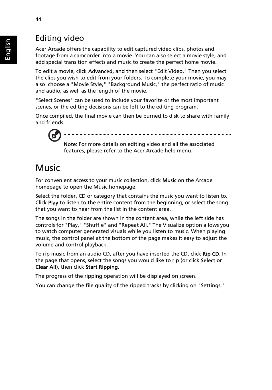 Music, Editing video | Acer Aspire 5500Z User Manual | Page 56 / 92