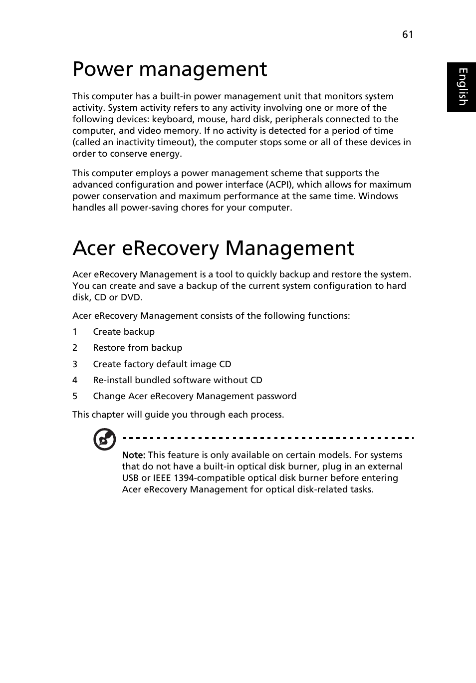 Power management, Acer erecovery management | Acer Aspire 5500Z User Manual | Page 73 / 92