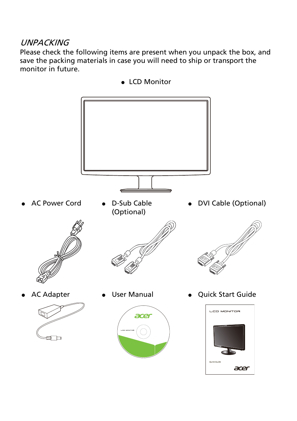 Unpacking | Acer S191WL User Manual | Page 10 / 28