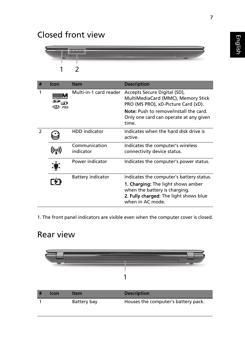 Closed front view, Rear view | Acer Aspire 5560G User Manual | Page 7 / 10