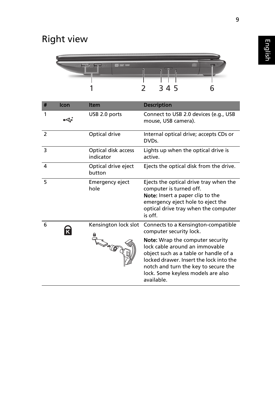 Right view | Acer Aspire 5560G User Manual | Page 9 / 10