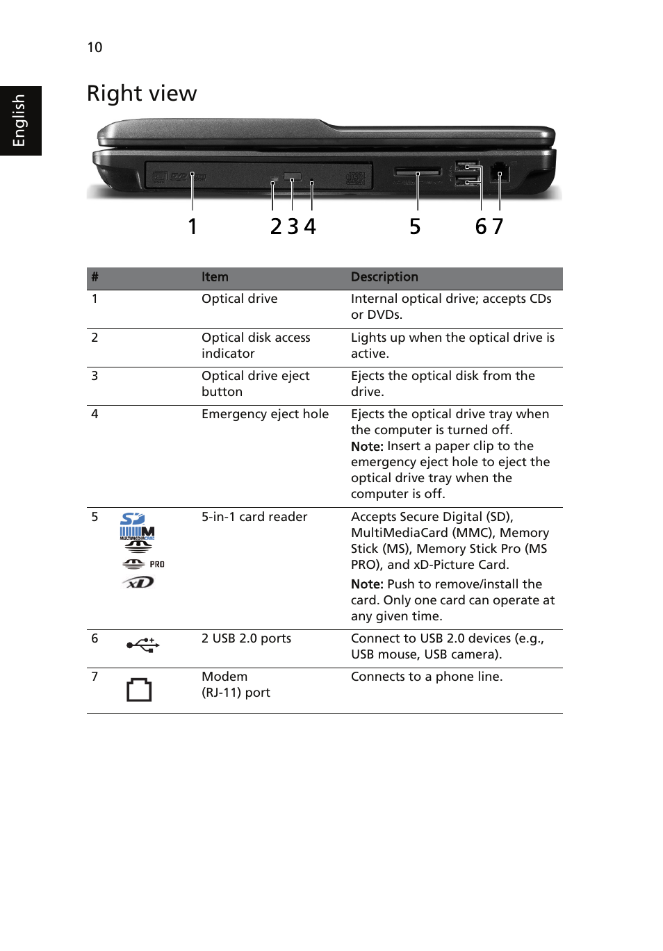 Right view | Acer TravelMate 5730G User Manual | Page 10 / 14