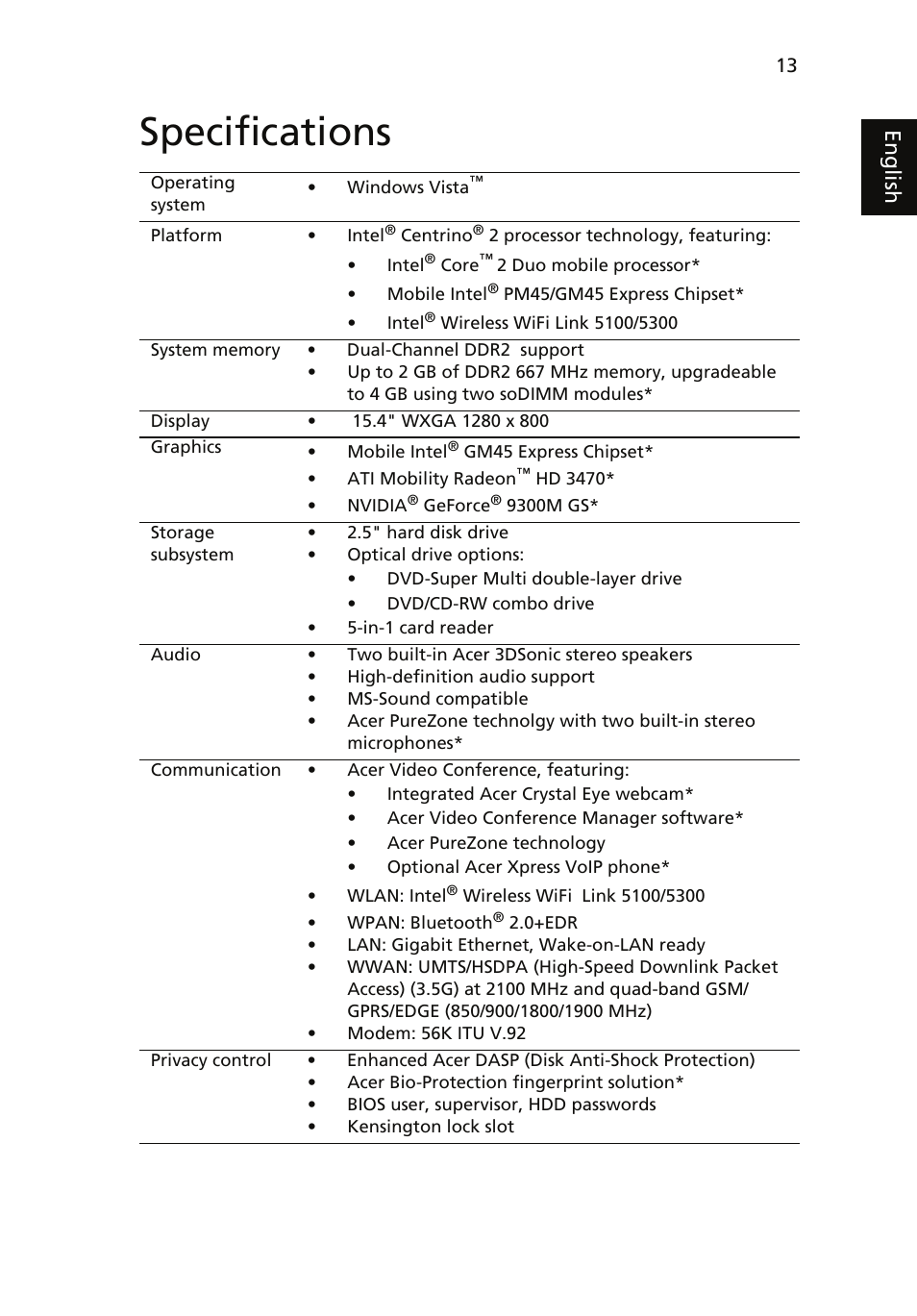 Specifications, Eng lis h | Acer TravelMate 5730G User Manual | Page 13 / 14