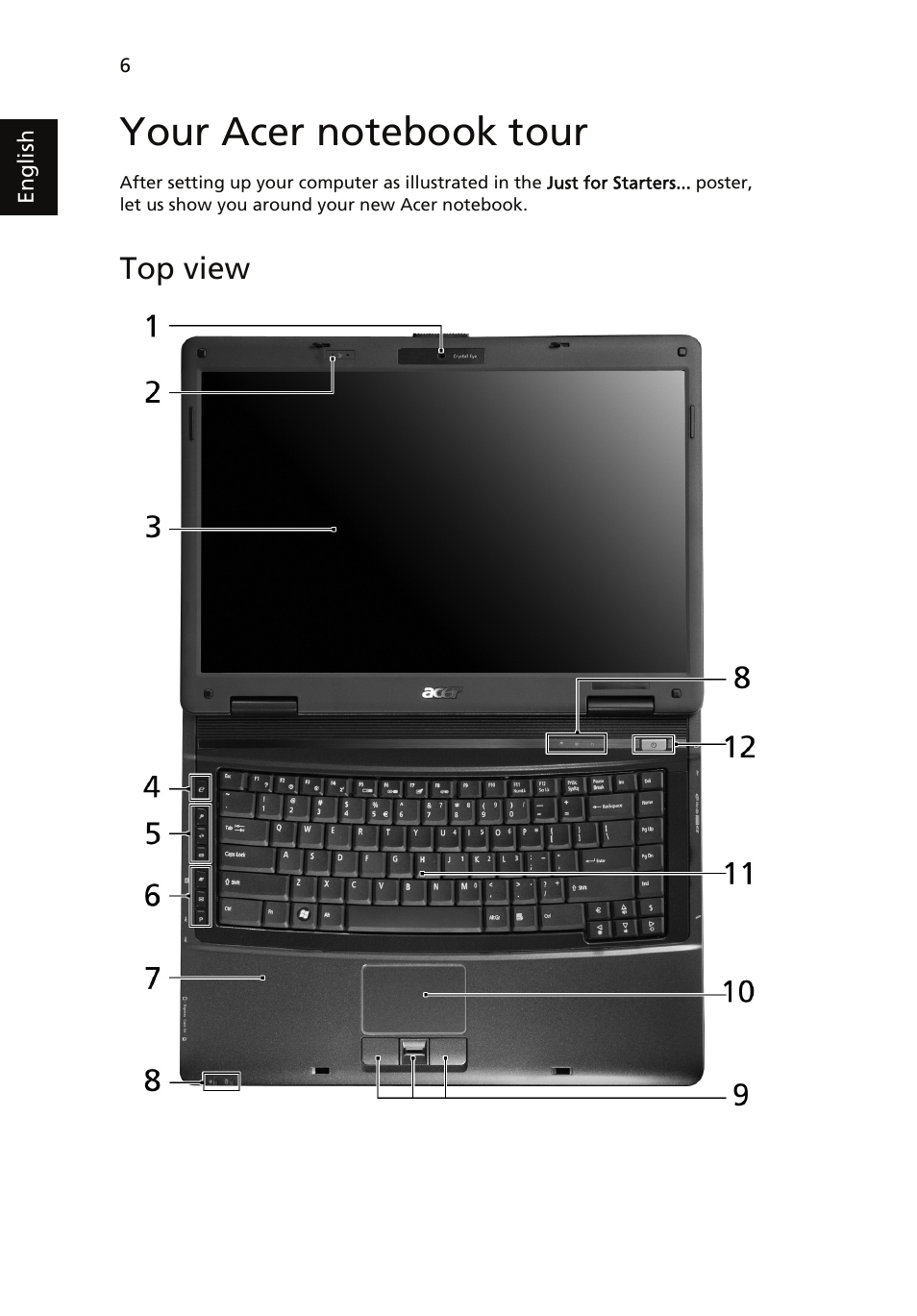 Your acer notebook tour, Top view | Acer TravelMate 5730G User Manual | Page 6 / 14