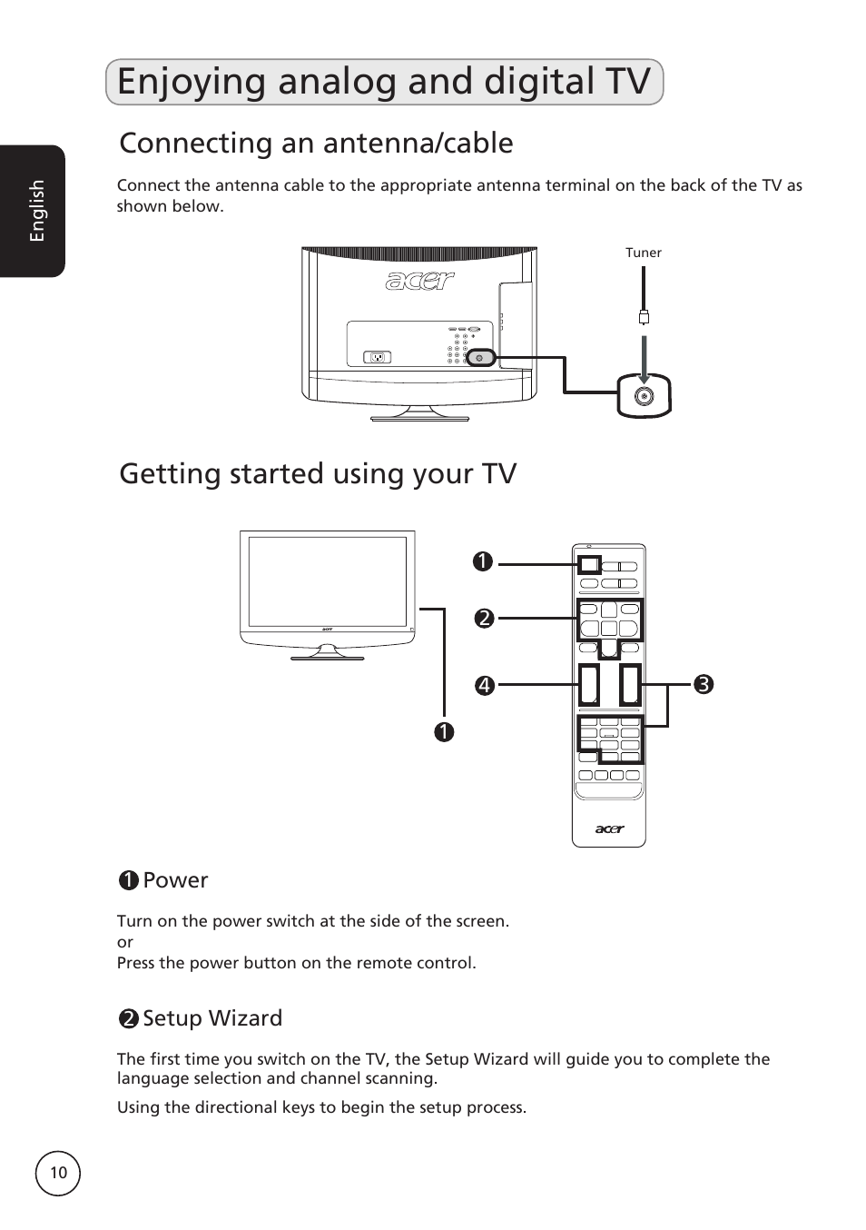 Enjoying analog and digital tv, Getting started using your tv, Connecting an antenna/cable | Acer AT3265 User Manual | Page 10 / 30