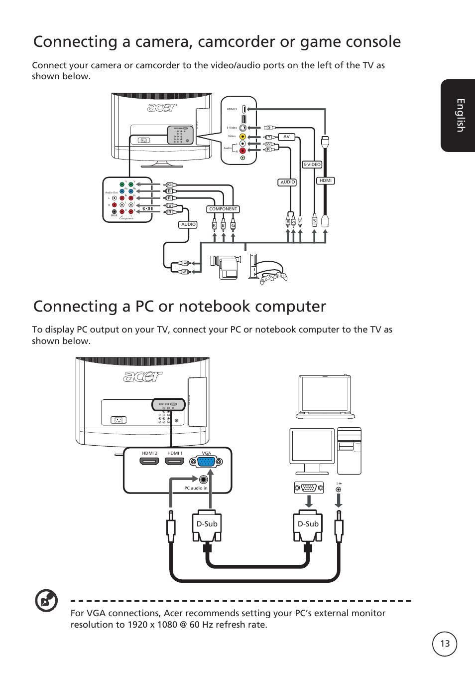 Connecting a camera, camcorder or game console, English, D-sub | Acer AT3265 User Manual | Page 13 / 30