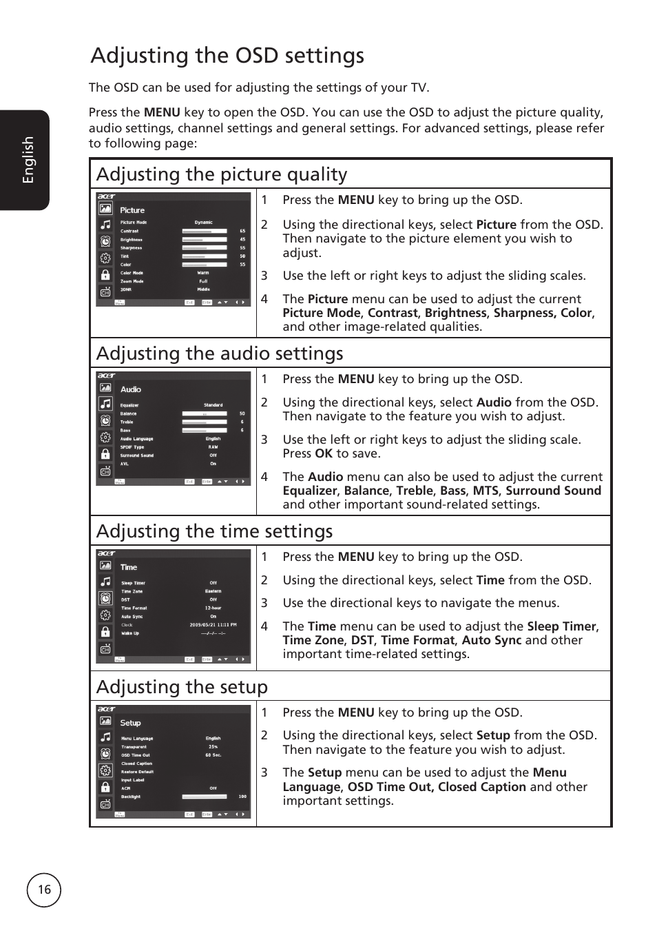 Adjusting the osd settings, Adjusting the picture quality, Adjusting the audio settings | Adjusting the time settings, Adjusting the setup | Acer AT3265 User Manual | Page 16 / 30