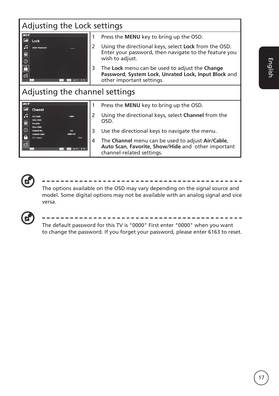 Adjusting the lock settings, Adjusting the channel settings | Acer AT3265 User Manual | Page 17 / 30