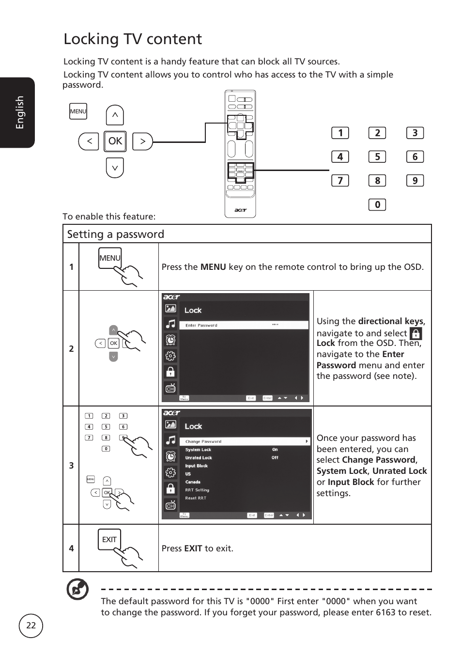 Locking tv content, Setting a password | Acer AT3265 User Manual | Page 22 / 30