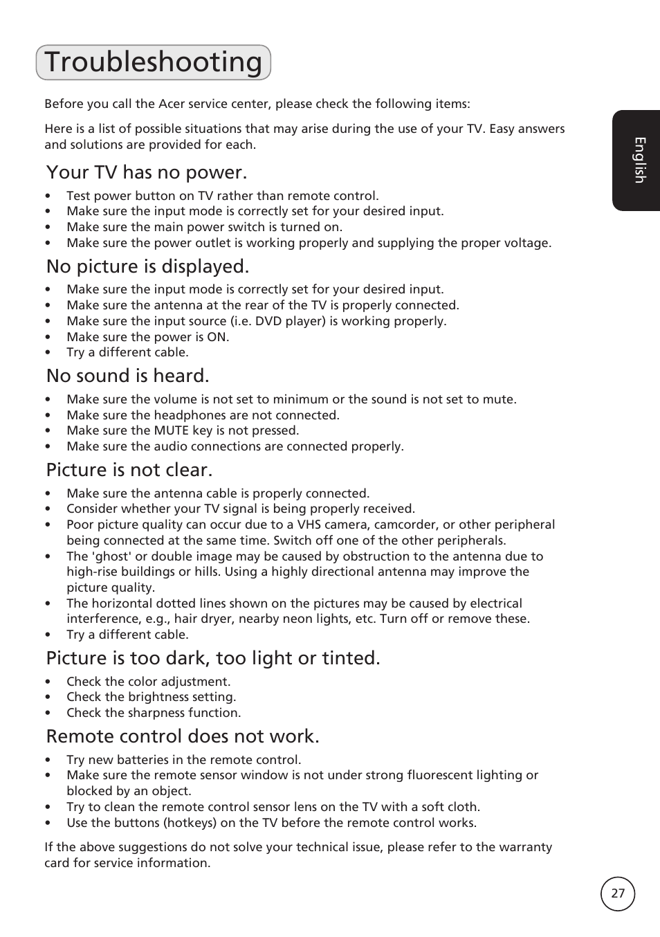 Troubleshooting, Your tv has no power, No picture is displayed | No sound is heard, Picture is not clear, Picture is too dark, too light or tinted, Remote control does not work | Acer AT3265 User Manual | Page 27 / 30