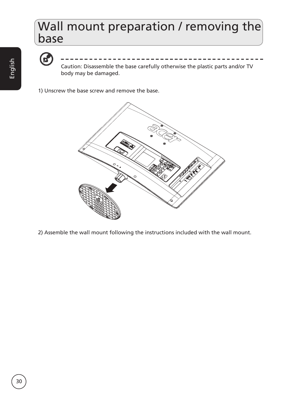 Wall mount preparation / removing the base | Acer AT3265 User Manual | Page 30 / 30