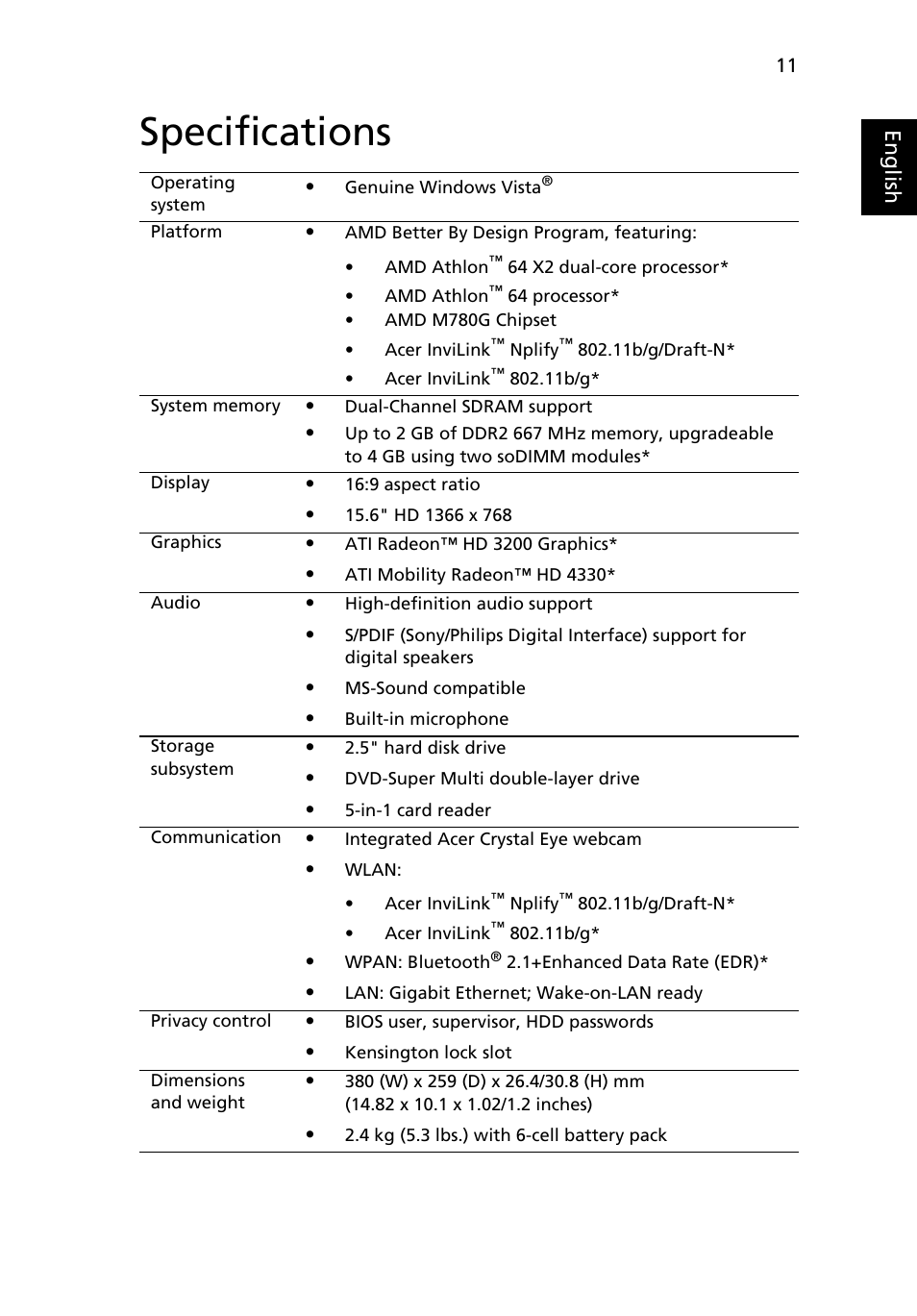 Specifications | Acer Aspire 5538G User Manual | Page 11 / 12