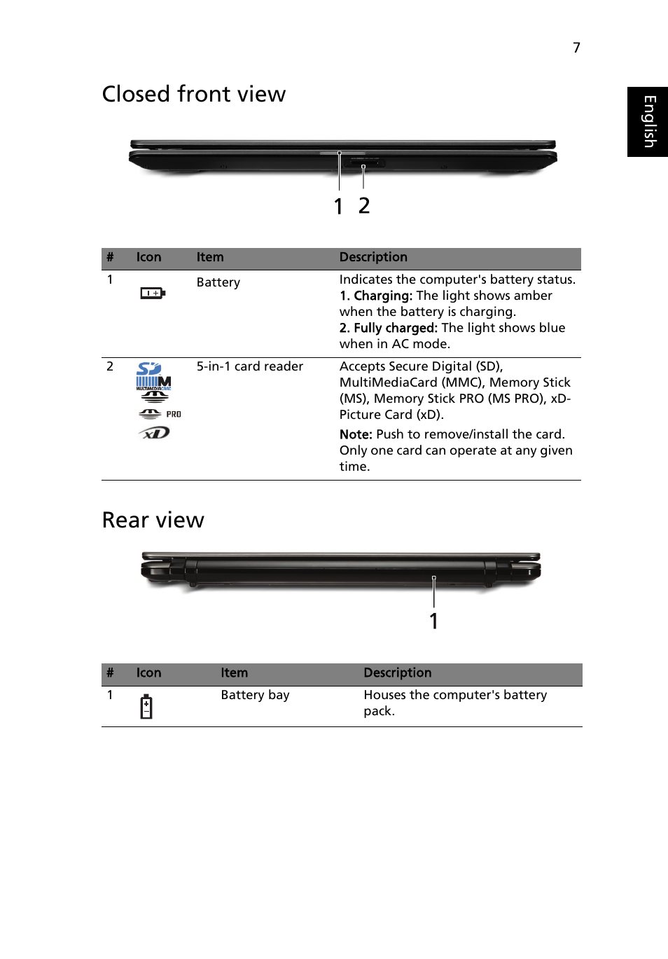 Closed front view, Rear view, Closed front view rear view | Acer Aspire 5538G User Manual | Page 7 / 12