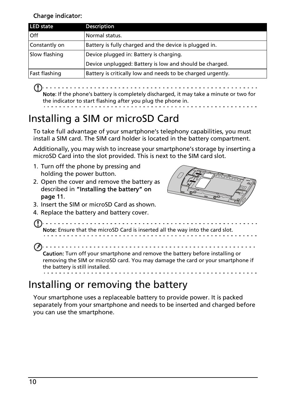 Installing a sim or microsd card, Installing or removing the battery | Acer Liquid MT S120 User Manual | Page 10 / 63