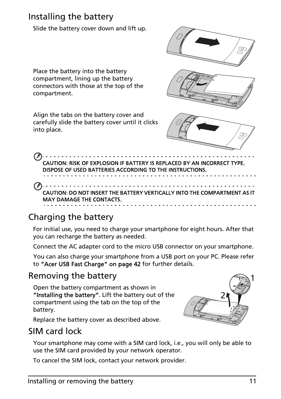 Installing the battery, Charging the battery, Removing the battery 1 2 | Sim card lock | Acer Liquid MT S120 User Manual | Page 11 / 63