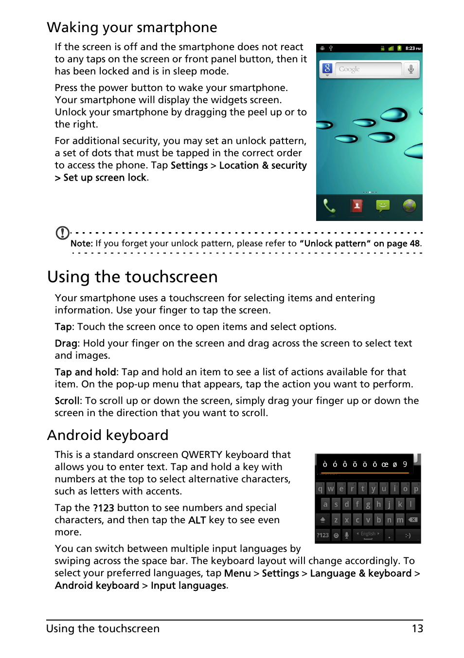 Using the touchscreen, Waking your smartphone, Android keyboard | Acer Liquid MT S120 User Manual | Page 13 / 63