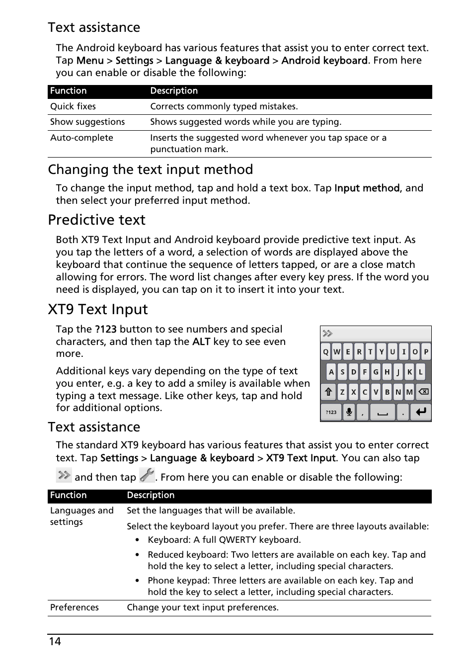 Predictive text, Xt9 text input, Text assistance | Changing the text input method | Acer Liquid MT S120 User Manual | Page 14 / 63