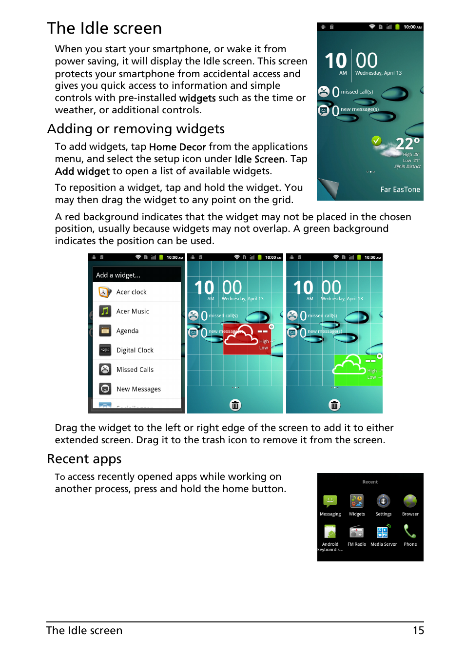 The idle screen, Adding or removing widgets, Recent apps | Acer Liquid MT S120 User Manual | Page 15 / 63