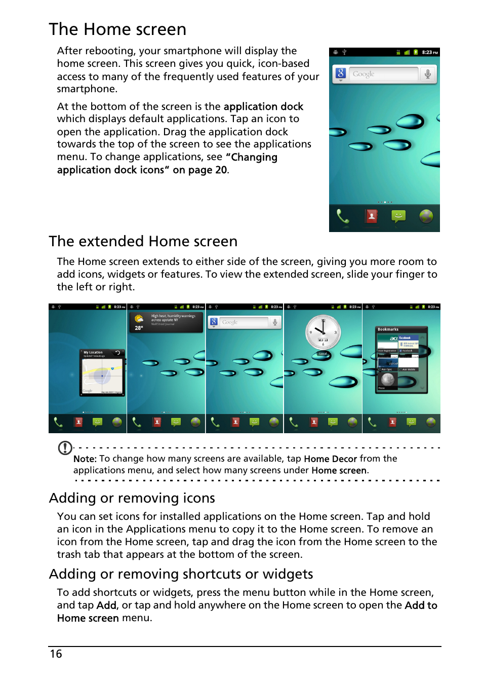 The home screen, The extended home screen | Acer Liquid MT S120 User Manual | Page 16 / 63