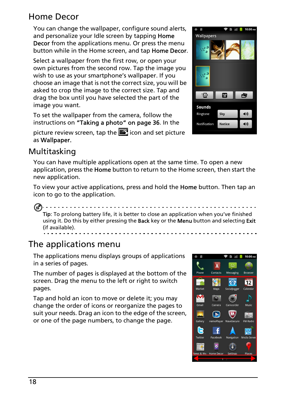 Home decor, The applications menu, Multitasking | Acer Liquid MT S120 User Manual | Page 18 / 63