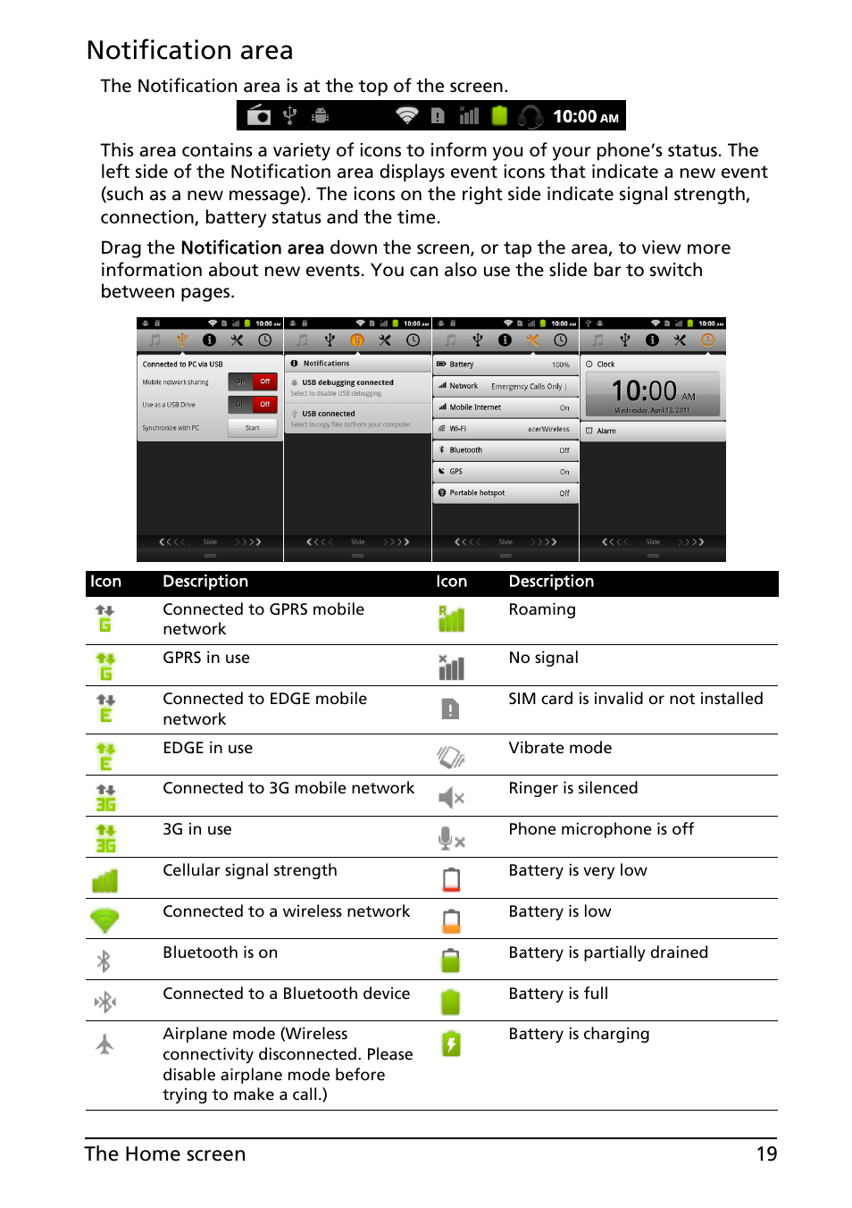 Notification area | Acer Liquid MT S120 User Manual | Page 19 / 63