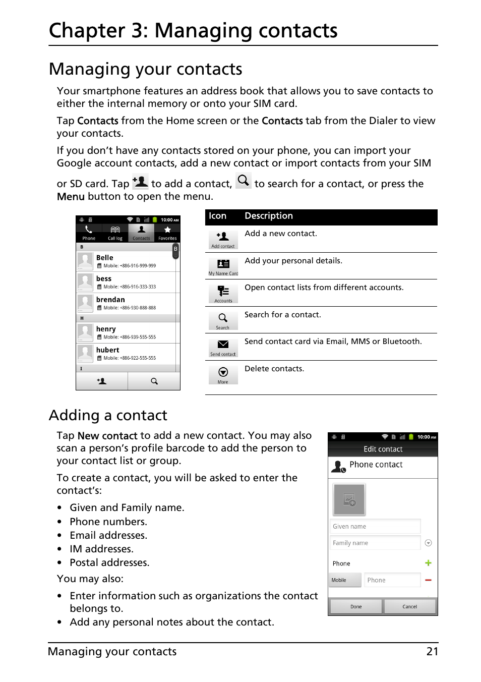 Managing your contacts, Managing contacts, Chapter 3: managing contacts | Adding a contact | Acer Liquid MT S120 User Manual | Page 21 / 63